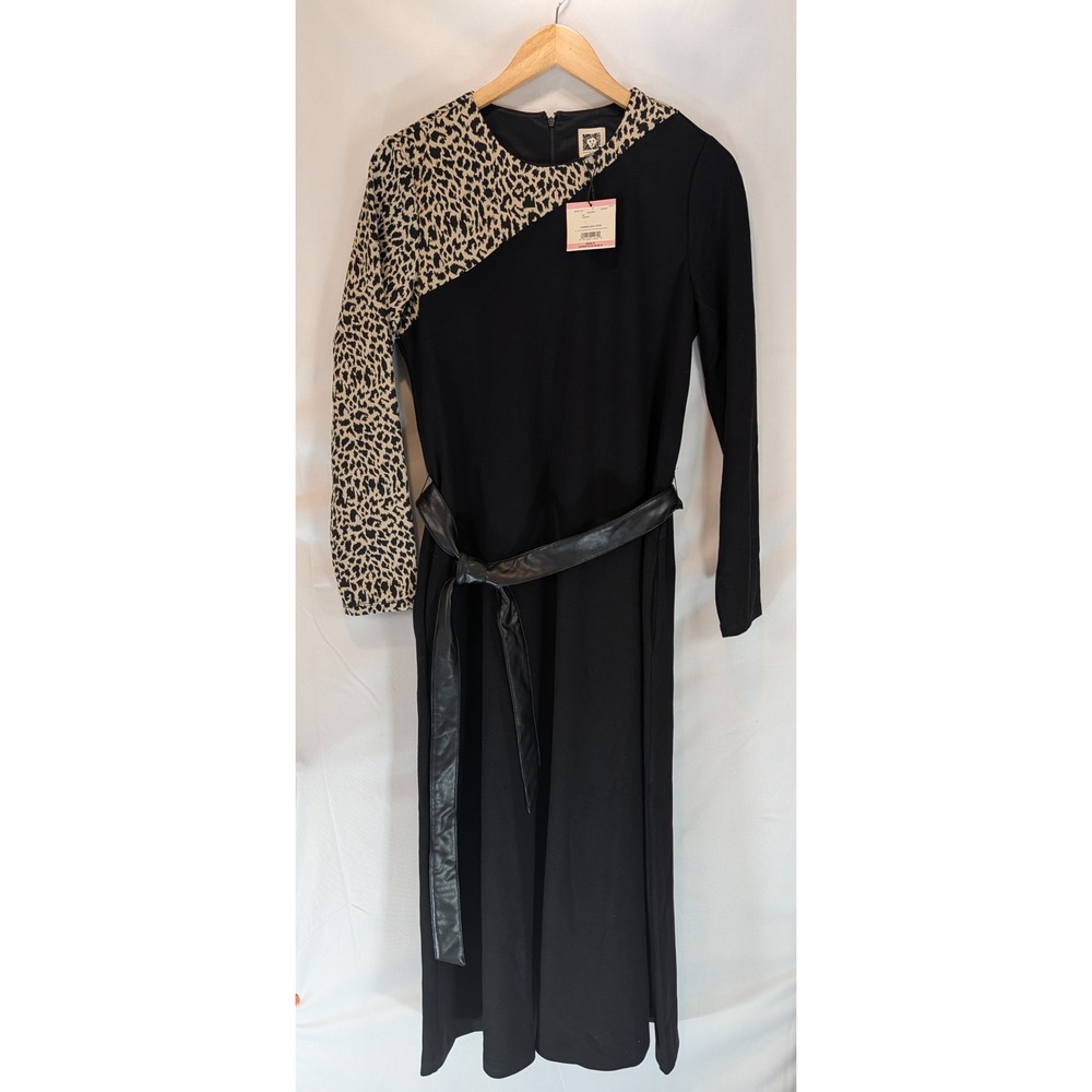 Anne Klein Black Leopard Print Midi Dress with Belt Size 10 Long sleeve